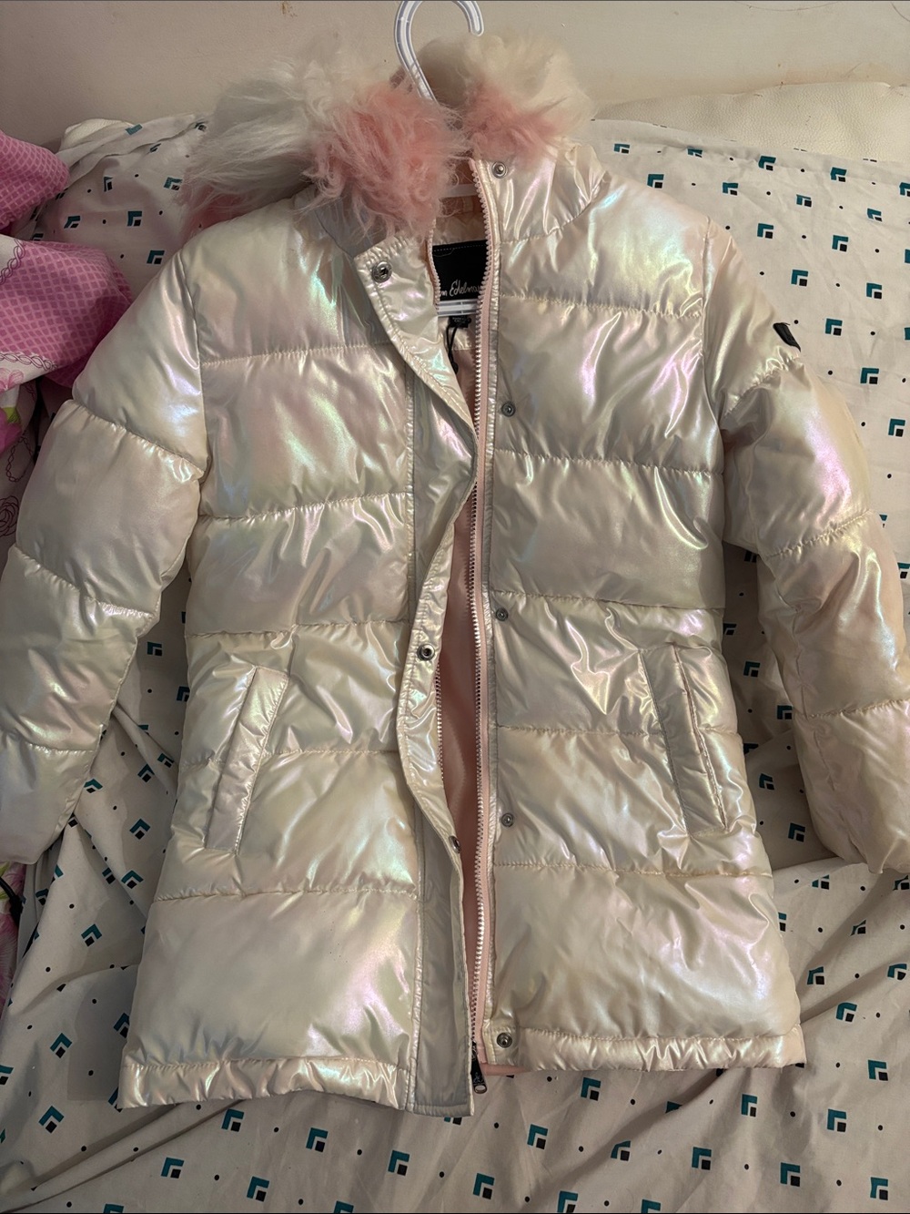 Sam Edelman Girls Iridescent White Hooded Puffer with Pink Faux Fur Trim